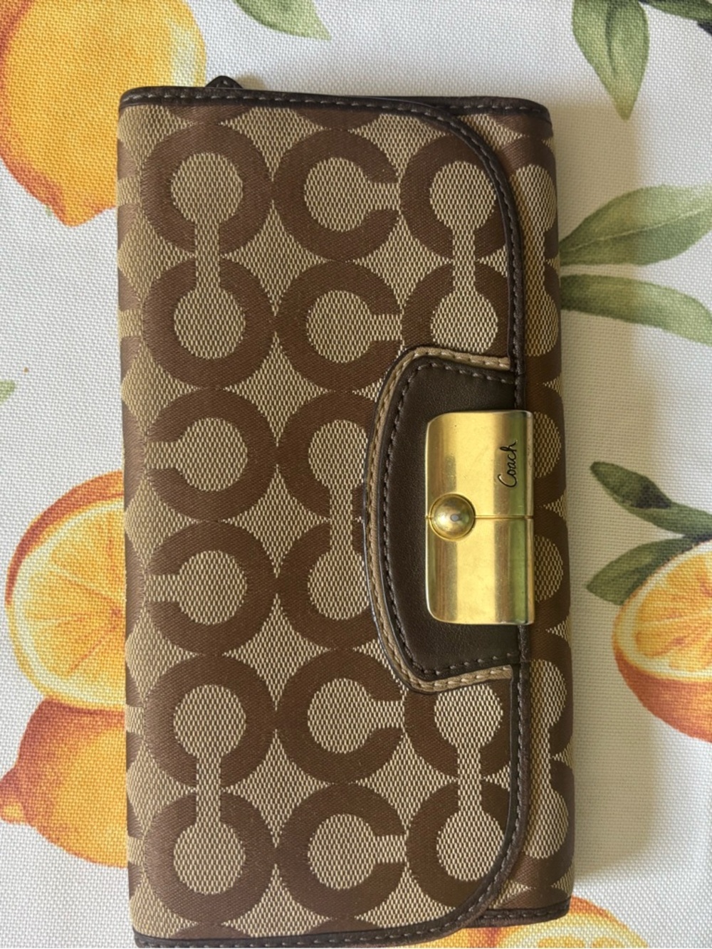 Coach Brown Signature Canvas Wallet with Gold-Tone Lock